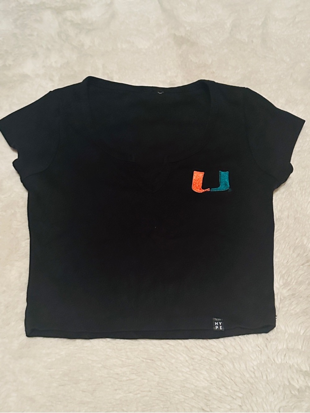Hype Black Short Sleeve Crop Tee with Orange and Teal Patch
